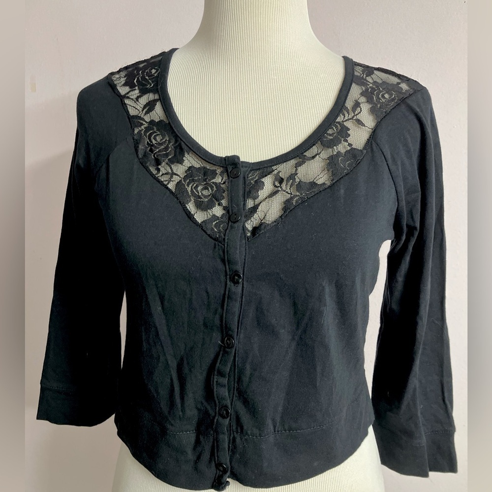 Color Story Women’s Cropped Sweater, Size L, Black with Lace, 3/4 Sleeves